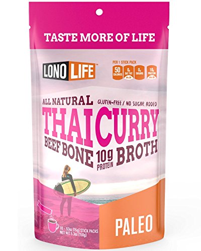 LonoLife Thai Curry Beef Bone Broth Powder with 10g Protein, Stick Packs, 10 Count