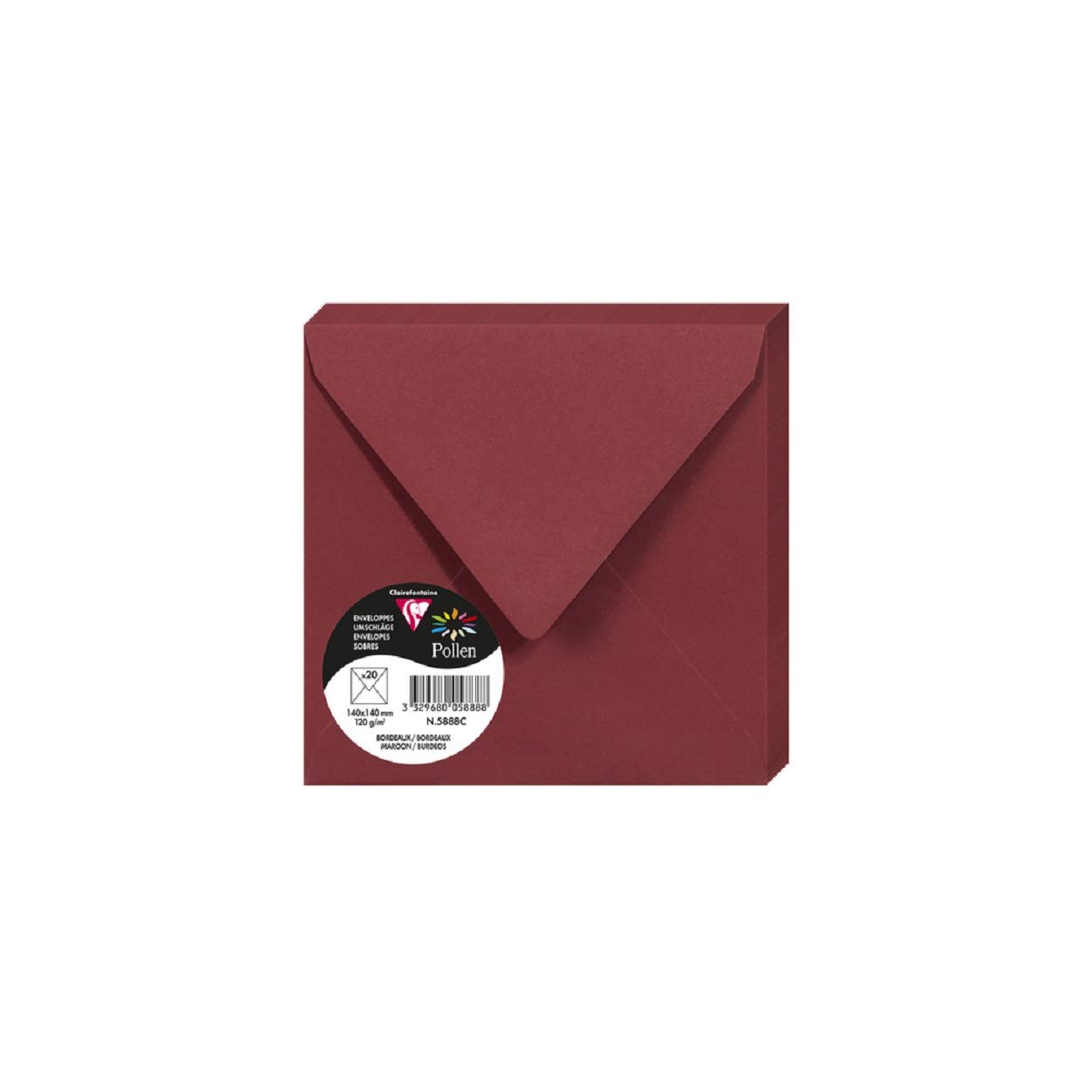 Clairefontaine 5888C Pack of 20 Gummed Envelopes Square Format 14x14cm 120g/m² Burgundy Invitation Event Correspondence - Pollen Range - Premium Smooth Paper