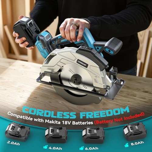 LIVOWALNY Circular Saw Compatible with Ma-kita 18V Batteries, Hand Circular Saw 66 mm with Saw Blade Ø165 x Ø20mm, Angle Tilt Adjustable without Tools (Tool Only)-Blue