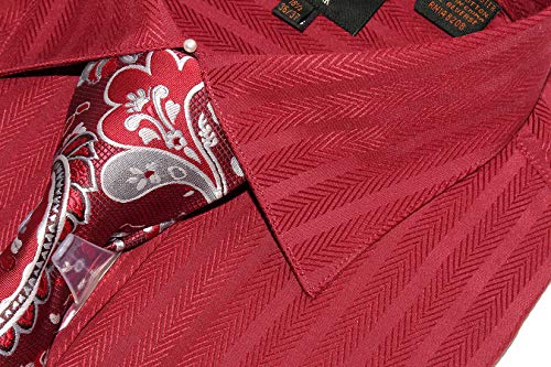 Christopher Tanner Men's Regular Fit Dress Shirts with Tie Handkerchief Cufflinks Combo Herringbone Stripe Pattern Wine
