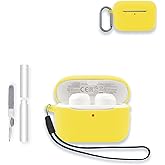 Case for Soundcore by Anker A20i/A25i Earbuds, WUNIAK Soft Silicone Protective Portable Scratch Shock Resistant Shell with Cleaner Kit & Carabiner & Lanyard ，Yellow