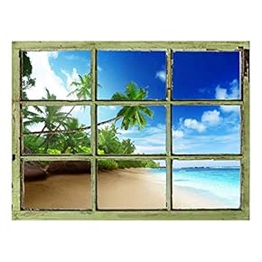 Window View Wall Mural - Tropical Beach with Palm Trees - Vintage Style Wall Decor - Peel and Stick Adhesive Vinyl Material - 24x32 inches