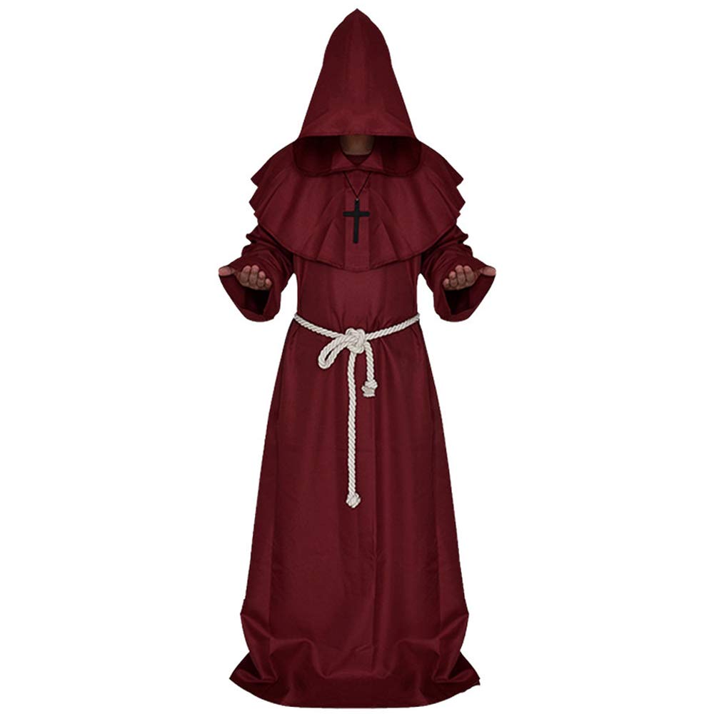 Hootecheu Priest Medieval Brother Hooded Dressing Gown Renaissance Monk Cosplay Costume with Hood for Festivals, Parties, Halloween (M, Red Wine)