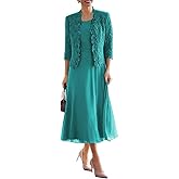 Fulbymu Chiffon 2 Pieces Mother of The Bride Dresses for Women Tea Length 3/4 Sleeve Formal Evening Gowns