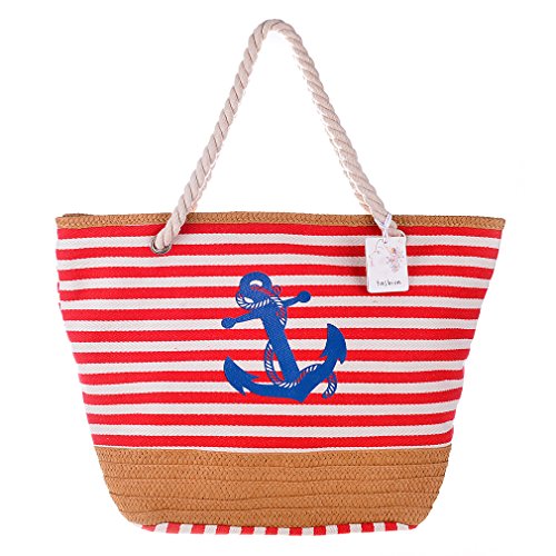 Sumerk Oversize Striped Canvas Beach Bag Cotton Totes with Rope Handle