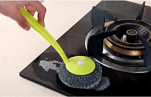 hothuimin Stainless Steel Scourer Scrub Pad with Plastic Handle Cleaning Brush Stainless Steel&Plastic Wire Scrubbers1 Handle 8Pcs of Scouring/Cleaning Steel Wire Balls#19-QJQ-G - Thumbnail 2