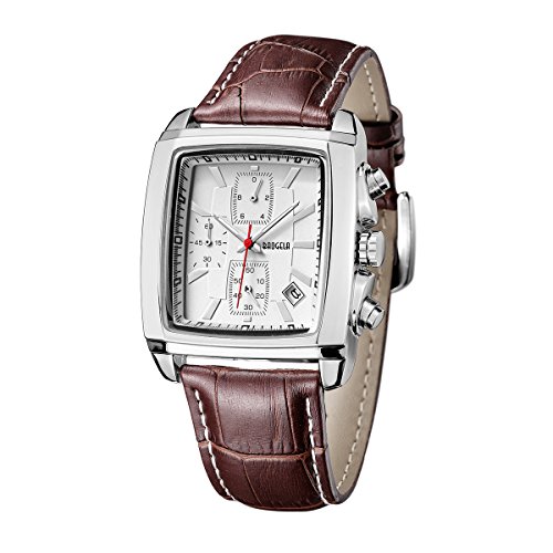 BAOGELA Men's Chronograph Square Sport Dress Quartz Wrist Watch Dark Brown Leather Band White Face and Line Date Waterproof Watches for Men