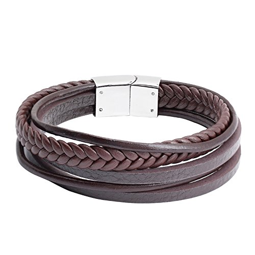 Jusnova Mens Braided Leather Bracelet Bangle Stainless Steel Magnetic Clasp 8.5 Inches Black & Brown