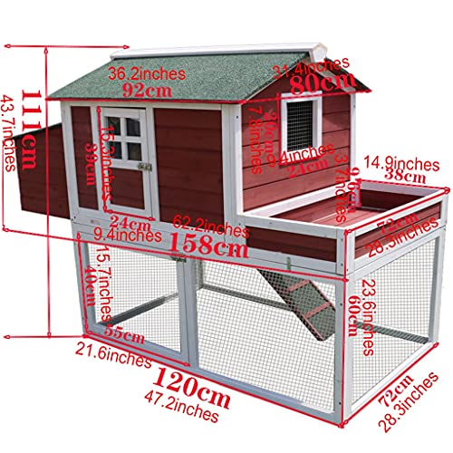 HYJBGGH Hühnerstall Hühnerstall 62"Holz Großer Hühnerstall Geflügelkäfig, Mit Lauf, Nistkasten, Drahtzaun Hühnerstall Für 5-10 Hühner, 2 Sitzstangen (Color : Red+White -158x80x111 cm) – Bild 8