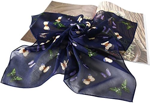 TAIHU SNOW 100% Silk Chiffon Square Scarf 20" for Head Hair Wrap Butterfly , Blue