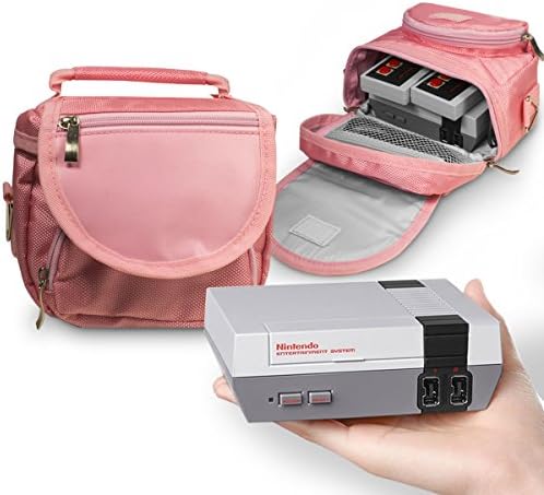 Orzly® Travel & Storage Bag for Nintendo NES Classic Edition (New 2016 Model Mini Version of NES Console) - Fits Console + Cable + 2 Controllers - Includes Shoulder Strap + Carry Handle - Pink