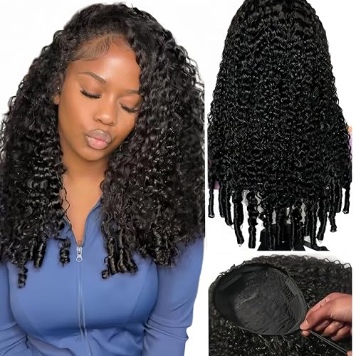 Human Hair Wig Curly Human Hair Half Wig Half Head Burmese Curly Brazilian Glueless with Spiral Curly Ends 3 in 1 Drawstring Seamless Clip Ins Flip Over Natural Black 24 Inches