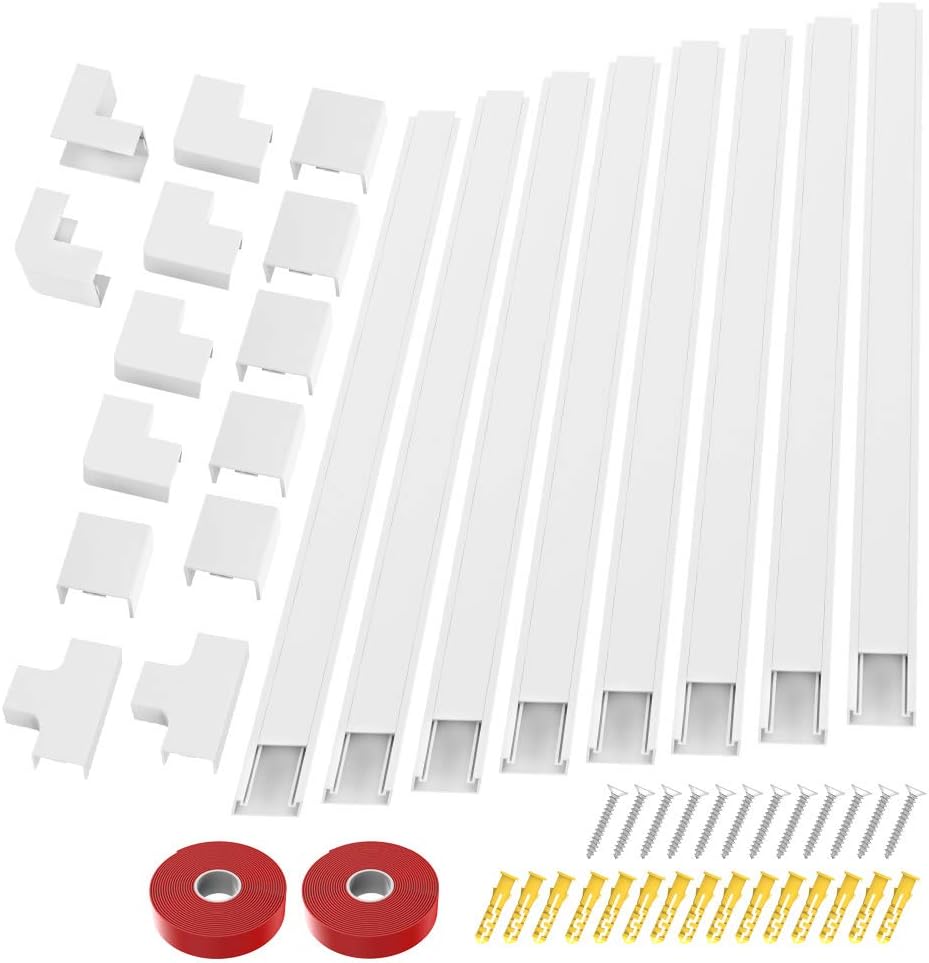 Cable Concealer Cord Cover - 10 White Cable Management Channels - On Wall Wire Hider to Organize Cables for Wall Mount TV, Computers, Home - 10 X L15in, W0.98in, H0.59in - Medium
