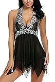 SweetNight Women Sexy Lingerie Lace Mesh Chemise Babydoll Sleepwear Halter Nightwear Set