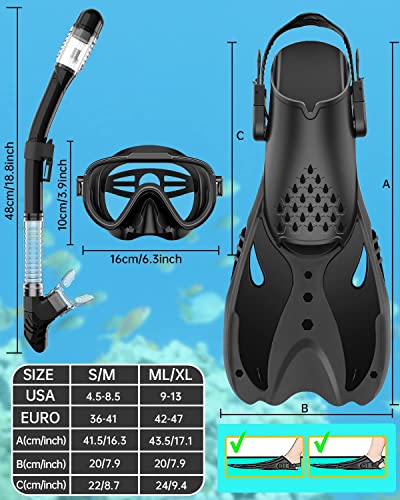EMSINA Mask Fin Snorkel Set with Adult Snorkeling Gear, Panoramic View Diving Mask, Trek Fin, Dry Top Snorkel +Travel Bags, Snorkel for Lap Swimming