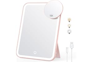 Naseto Makeup Mirror with Lights & 10X Magnetic Magnification, 9.4"x6.7" Dimmable 3 Color LED Lighted Rechargeable Travel Vanity Mirror with 360° Angle, Portable Compact Cosmetic Mirror for Women