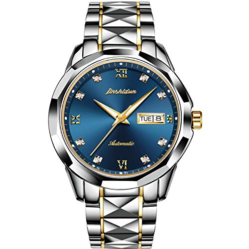 JSDUN Men's 8813 Gold Tungsten Steel Two-Tone Automatic Watch with Diamond Shape Link Bracelet