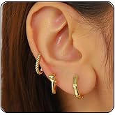 3Pairs Small Gold Hoop Earrings for Women Gold Huggie Hoop Earrings for Multiple Piercing Trendy Bowknot Twisted CZ Zircon Hoops Cartilage Earring for Womens