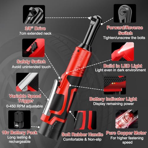 Cordless Ratchet Wrench 3/8” Drive 18V Reversible Air Ratchet Wrench 40Ft-lbs 450RPM Variable Speed LED Light Handheld Electric Impact Extended Wrench Tool 2 Battery 7 Socket for Auto Woodwork Machine