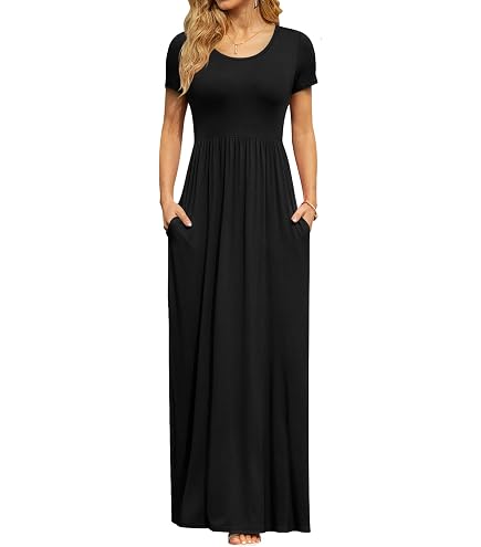 AUOMITH Women's Summer Maxi Dress Short Sleeve Empire Waist with Pockets ( Black, Small) at Amazon Women's Clothing store
