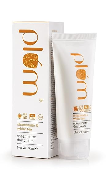 Plum Chamomile & White Tea Sheer Matte Day Cream SPF50 PA+++ UVA(60ml), For Normal and Combination Skin, Vegan Skin Care