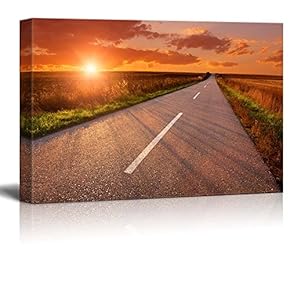 Canvas Prints Wall Art - Beautiful Scenery/Landscape Empty Asphalt Road at Sunset | Modern Wall Decor/Home Decoration Stretched Gallery Canvas Wrap Giclee Print & Ready to Hang - 12" x 18"
