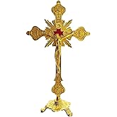 MTYIQS Standing Cross Decor Crucifix with Base 10" Tabletop Metal Jesus Christ Catholic Wood Crafted Antique Gold Cross for Table Home Chapel Decoration Religious Gifts
