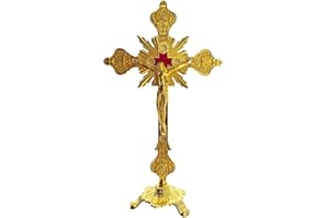 DELLMAO Standing Cross Decor Crucifix with Base 10" Tabletop Metal Jesus Christ Catholic Wood Crafted Antique Gold Cross for Table Home Chapel Decoration Religious Gifts
