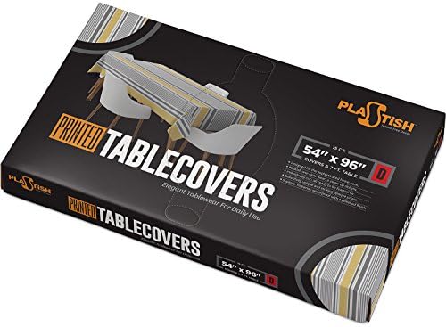 Disposable Plastic Tablecloths | Size 54 X 96 Inches | 15 Count | Mustard &amp; Grey Striped Design | Covers a 7 Ft. Rectangle Picnic Party Table | Many Sizes Available