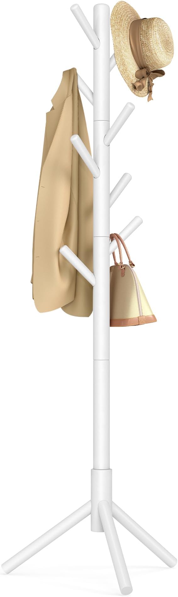 VASAGLE RCR04WT Wooden Coat Rack 8 Hooks Adjustable 3 Heights White