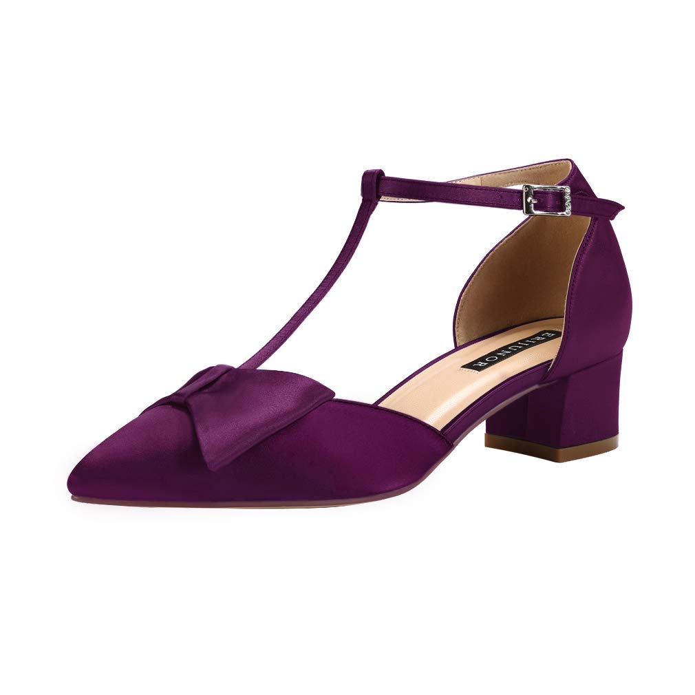 ERIJUNOR Bow Shoes Comfortable Chunky Low Heels for Women Pointy Toe T-Strap Evening Wedding Satin Shoes