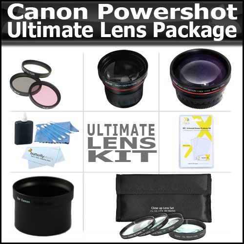 Ultimate Lens Package For Canon Powershot G12 G10 G11 Includes HD Wide Angle Lens + 3.5X Telephoto Lens + 3 Piece Filter Kit + 4 Piece Close Up Macro Lens Set With 10+ Macro Lens + Extras