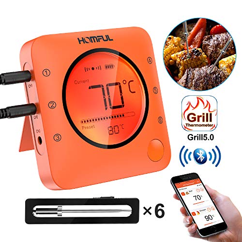 Meat Thermometer, HOMFUL Bluetooth Digital Oven BBQ Bake Thermometer, Wireless Remote APP Controlled Grill Thermometer with 6 Stainless Steel Probes for Cooking, Baking, BBQ, Oven and Smoker
