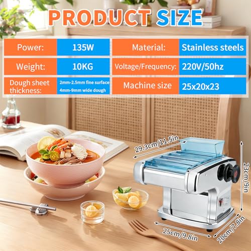 DOMINFLY Electric Pasta Maker, Automatic Noodle Machine Fresh Pasta Dough Roller Stainless Steel, 9 Thickness Settings, Perfect for Spaghetti,Fettuccini,Lasagna (Four knives)