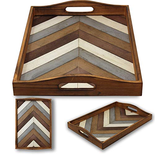 Decorative Vintage Wood Serving Tray For Coffee Table or Ottoman - Rustic Breakfast Tray - Perfect Trays For Kitchen, Dining Room, or Living Room - Farmhouse Platter w/Handles - Multi-Color