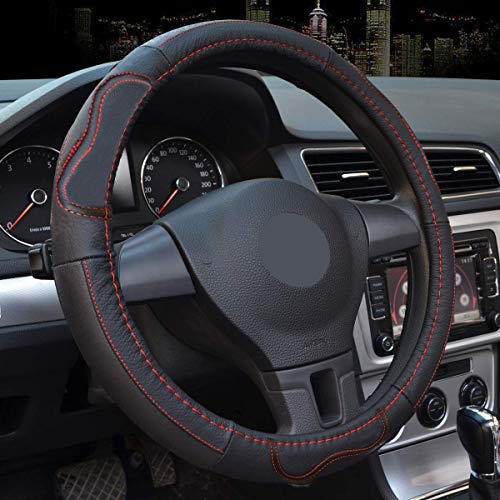 Bestobal Car Steering Wheel Cover Genuine Leather, Universal 15 Inch, Black with Red Lines - Durable, Anti Slip & Odor-Free