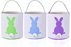 Faylapa 3Pcs Easter Egg Hunt Basket for Kids, Bunny Canvas Tote,Party's Celebrate Decoration Eggs Candy and Gifts Carry Bucket-(Green,Blue, Purple)