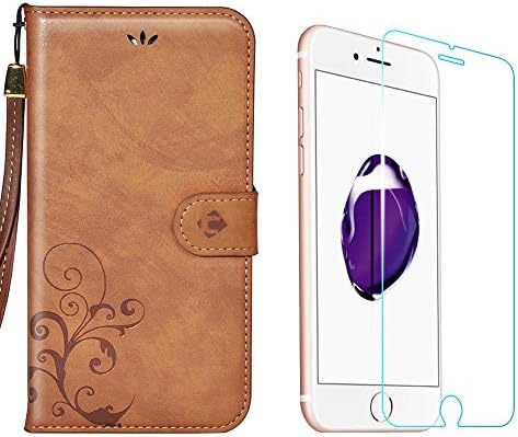 iPhone 7 Case &amp; Tempered Glass Screen Protector, Faetin Handmade Retro Leather Wallet Case Slim Stand Folio Flip Carry Case with Screen Film (iPhone 7 Browm 4.7")