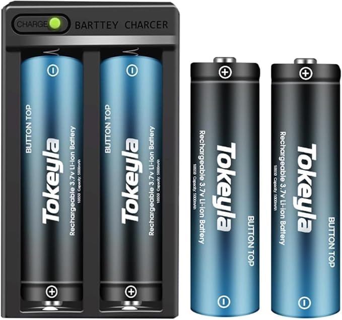 2 Bay 18650 Rechargeable Battery Charger,Smart Charger for Flashlight Headlamp 3.7Volt Lithium ion Batteries(4Pcs Button Top Ba??tt?er??y+Charger)