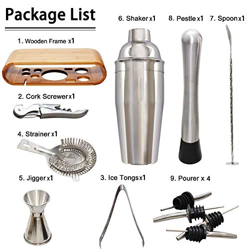AYAOQIANG Cocktail Making Set, Cocktail Shaker Set 750ml Stainless Steel Bar Tool Set Bartender Kit with Wooden Display Stand (Silver)