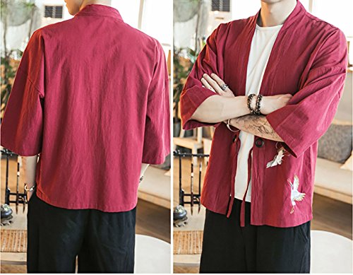 YOUMU Men Japanese Kimono Cardigan Cranes Embroidery Jacket Vintage Loose Japanese Yukata Coat Top Plus Size - Thumbnail 2
