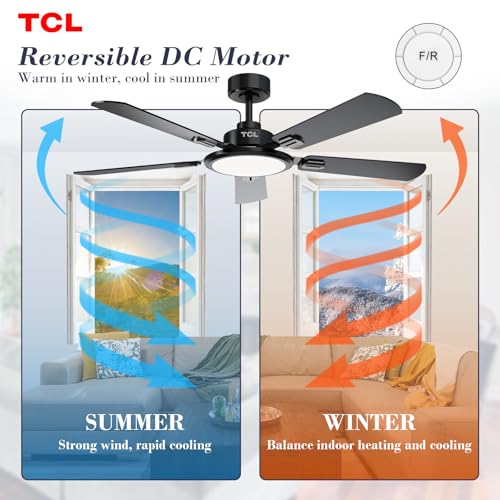 TCL Ceiling Fans with Lights, 52 Inch Ceiling Fan with Light and Remote Control, Reversible DC Motor, Noiseless, Dimmable 36W LED, Modern Ceiling Fan for Bedroom Living Room (Black)