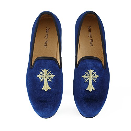 Men s Vintage Velvet Loafer Men Embroidery Noble Men Shoes Slip-on Loafer Smoking Slipper Black/blue US 6-12 (US 10, Blue Cross)