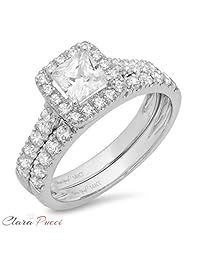 Clara Pucci - Anillo de boda de 1,5 quilates, corte princesa, halo pavé y oro blanco de 14 quilates