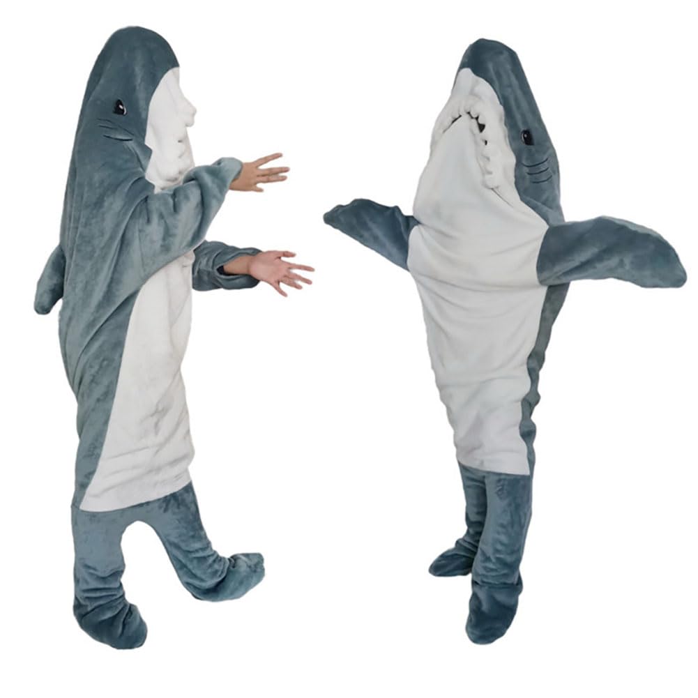 IDAHSOR Shark Sleeping Bag Super Soft Cozy Flannel Hoodie Shark Tail Wearable Shark Blanket for Boys Girls Cosplay Shark Costume Shark Gifts for Shark Lovers,Blue,L