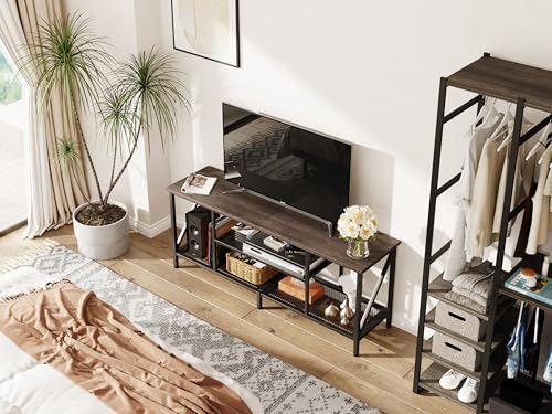 SKY-TOUCH Modern TV Stand: 3-Tier Open Storage Shelves, 140*40*43 CM, Grey Oak Wood