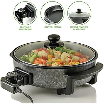 Ovente Electric Skillet 12 Inch with Non Stick Aluminum Body and Glass Cover, 1400 Watts Power Temperature Control for Pizza, Steak, Breakfast and More, Perfect Gift for Everyone, Black (SK11112B)