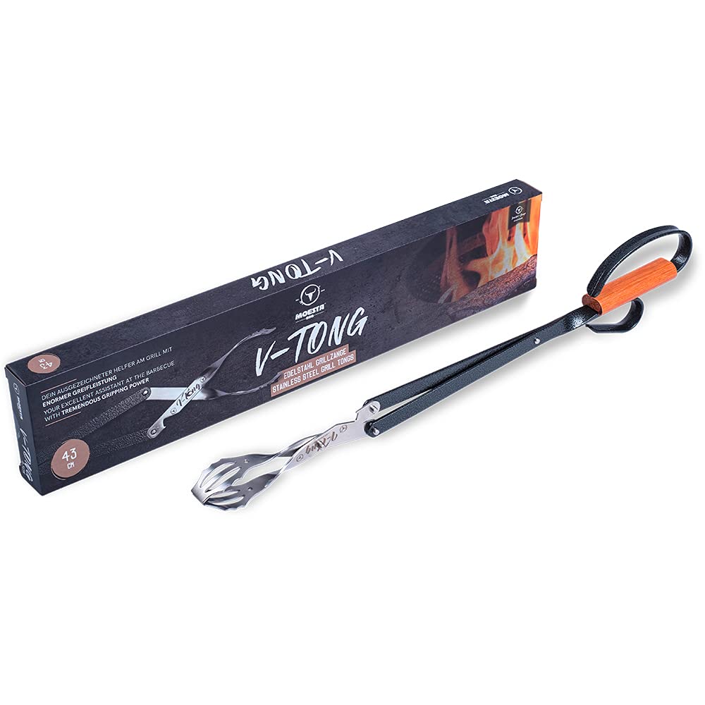 MOESTA-BBQ 10504 Grillzange V-Tong 43 cm lang - Servierzange mit Holzgriff - Multifunktionale Fleischzange mit Flaschenöffner