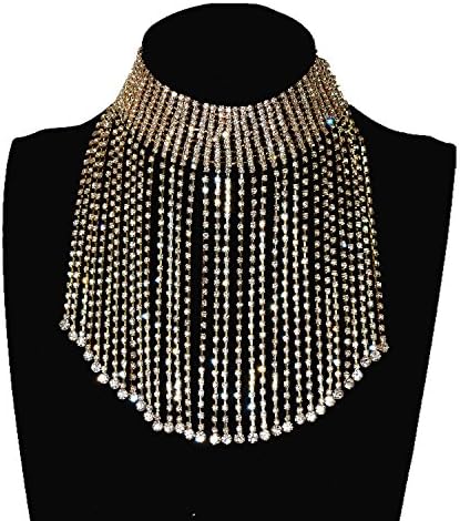 Qiaose Fashion Jewelry Full Shiny Rhinestone Chain Sexy Collar Choker Necklace (Gold1)