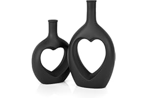 Hismir Black Ceramic Heart Shaped Hollow Vase Set of 2，Valentine Table Flower Vase for Home Decor，Gift for Girl Women Her Mom on Valentine's Day Mothers Day Christmas Birthday Anniversary Wedding